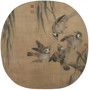 古画中群鸟栖息于枝头