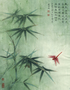 翠竹间红蜻蜓飞舞画面
