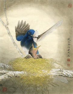 蓝鸟于巢边展翅欲飞