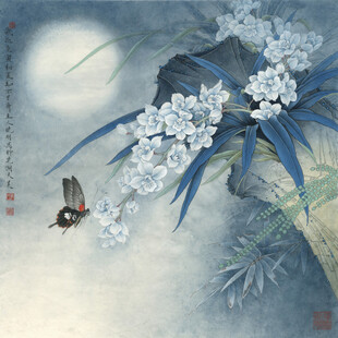 月夜繁花间飞鸟