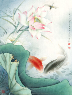 水墨荷花锦鲤图
