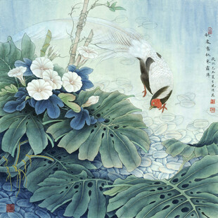 水墨荷花间双鸟嬉戏图