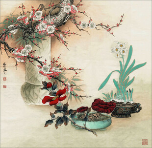 中式雅趣插花茶具图