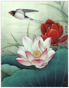 荷花飞燕图