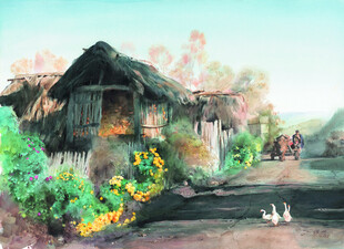 乡村小屋旁的宁静景致