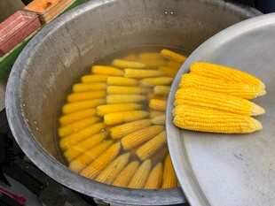 大锅中煮着鲜嫩玉米棒