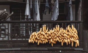 农家屋檐下的金黄玉米串