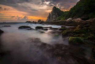 海边日落美景礁石与绿植
