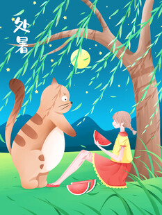 夏夜树下猫咪与女孩吃西瓜