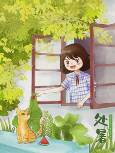 处暑窗边女孩与猫咪的惬意时光