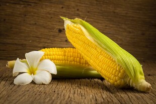 木桌上的玉米与白花