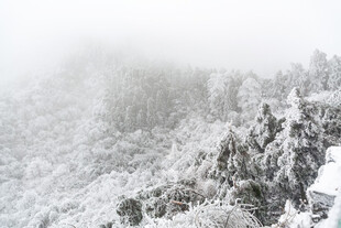 雪覆山林云雾缭绕之景