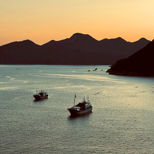 夕阳下的海上渔船