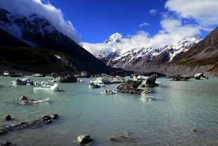 雪山下的澄澈冰川湖泊
