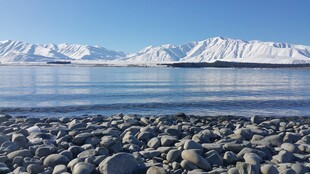 湖畔碎石与远处雪山美景