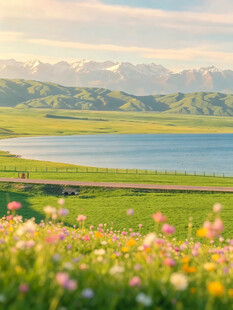 湖畔花海美景