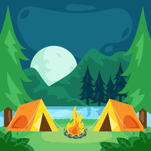 夜晚湖畔露营场景