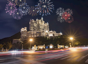 城堡夜景烟花绚丽绽放