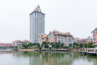 湖畔欧式建筑与高楼景观