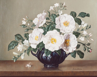 花瓶中的白色花卉静物画