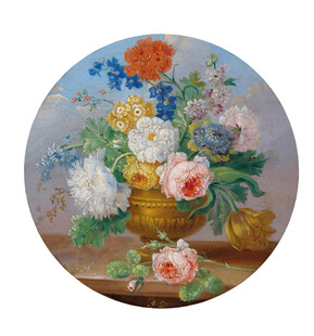 圆形花篮花卉油画作品