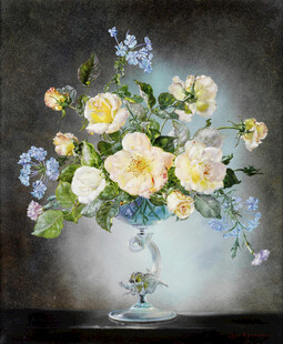 花瓶中的黄白蓝花卉组合油画