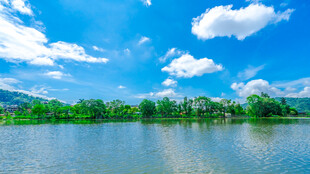 湖畔蓝天绿树美景