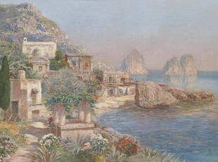 海边小镇风景油画