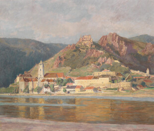 河畔山城风景油画