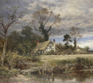 乡村风景油画中的静谧小屋