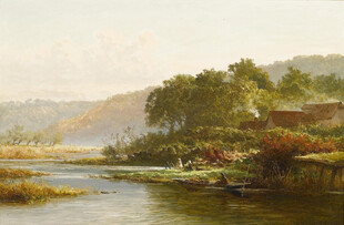 河畔田园风光油画美景