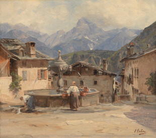 山村小镇生活场景油画