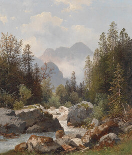 山间溪流风景油画