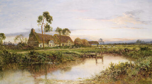 河畔田园风光油画景象