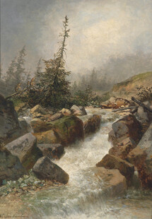 山间溪流风景油画