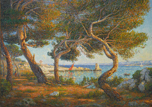 林间海景油画风景