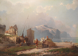 海边村落风景油画