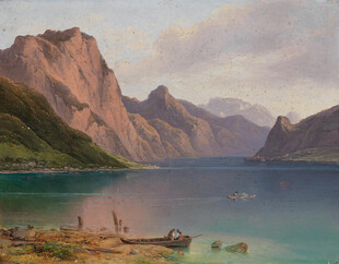湖畔山景油画风光