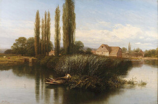 河畔乡村风光油画美景