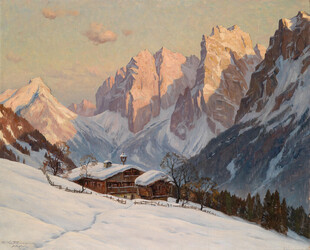 雪山下的山间小屋美景