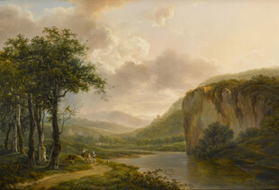 河畔山林风景油画