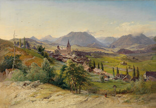 山间村落油画风景