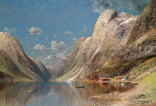 山间湖泊风景油画