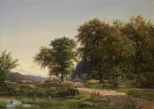 乡村河畔风景油画