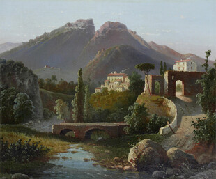 山间河畔风景油画