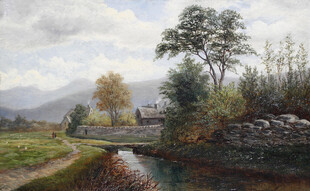 乡村河畔风景油画
