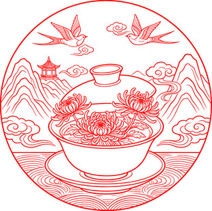 中式传统菊花茶盏飞鸟图案