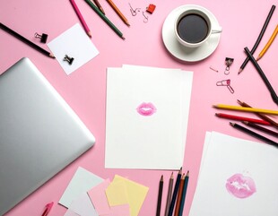 创意工作桌面文具与咖啡