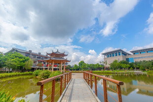 湖畔木桥旁的中式建筑风光
