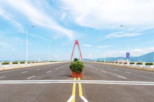 道路中央绿植与红色装饰